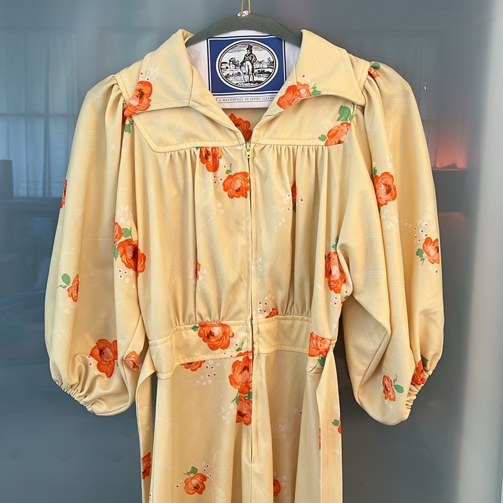 Vtg 60s 70s Mod Yellow Floral Dress Dagger Collar Puff Sleeve - Picture 5 of 10